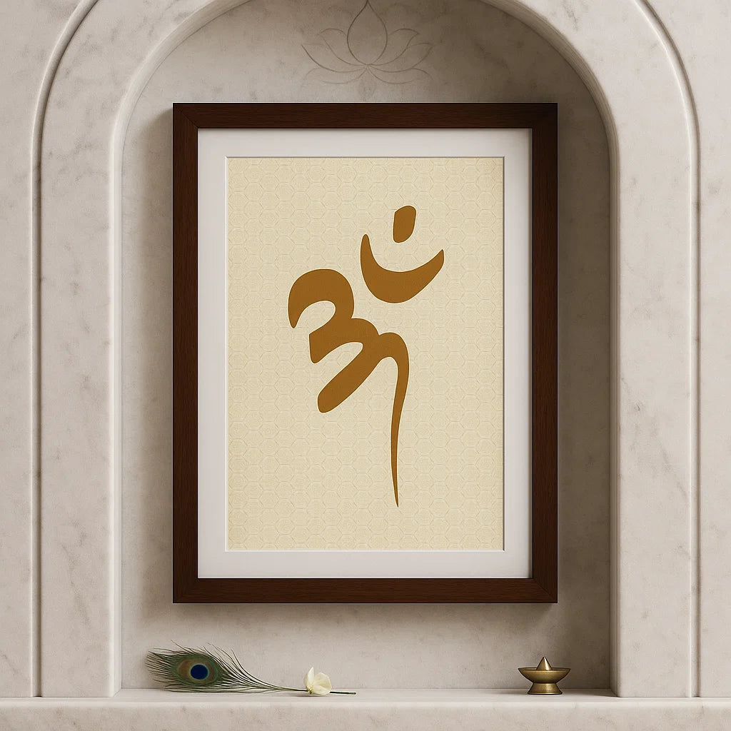 Om symbol wall art displayed in a second room setting