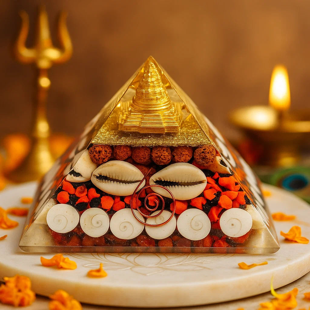 Mahalaxmi Orgonite Pyramid – front-left angled view showing two pyramid faces