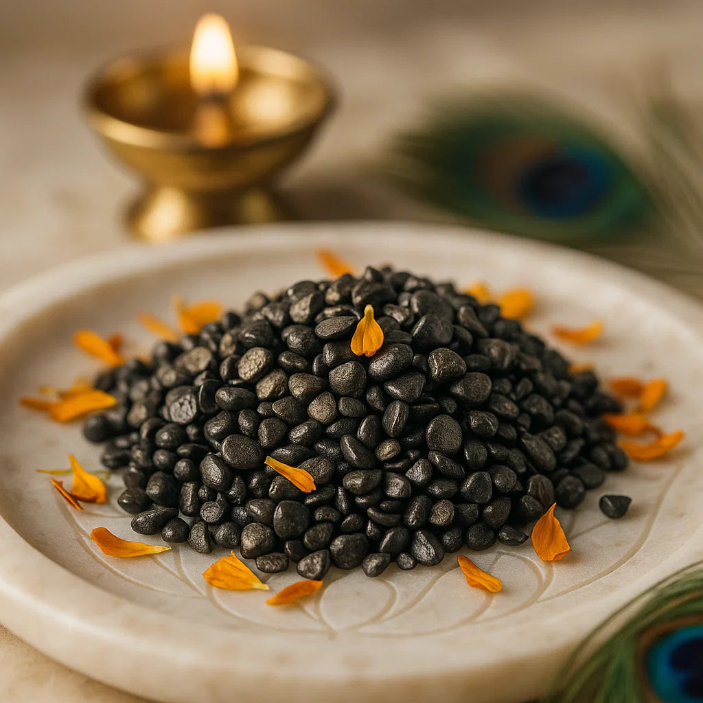 Close view of pyrite crystal chips on a decorative white plate in a softly lit traditional setting
