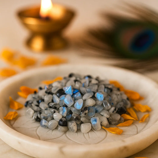 Rainbow moonstone crystal chips displayed in a softly lit product setting