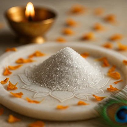 Fine white crystal powder piled on a white plate with marigold petals and a softly lit diya