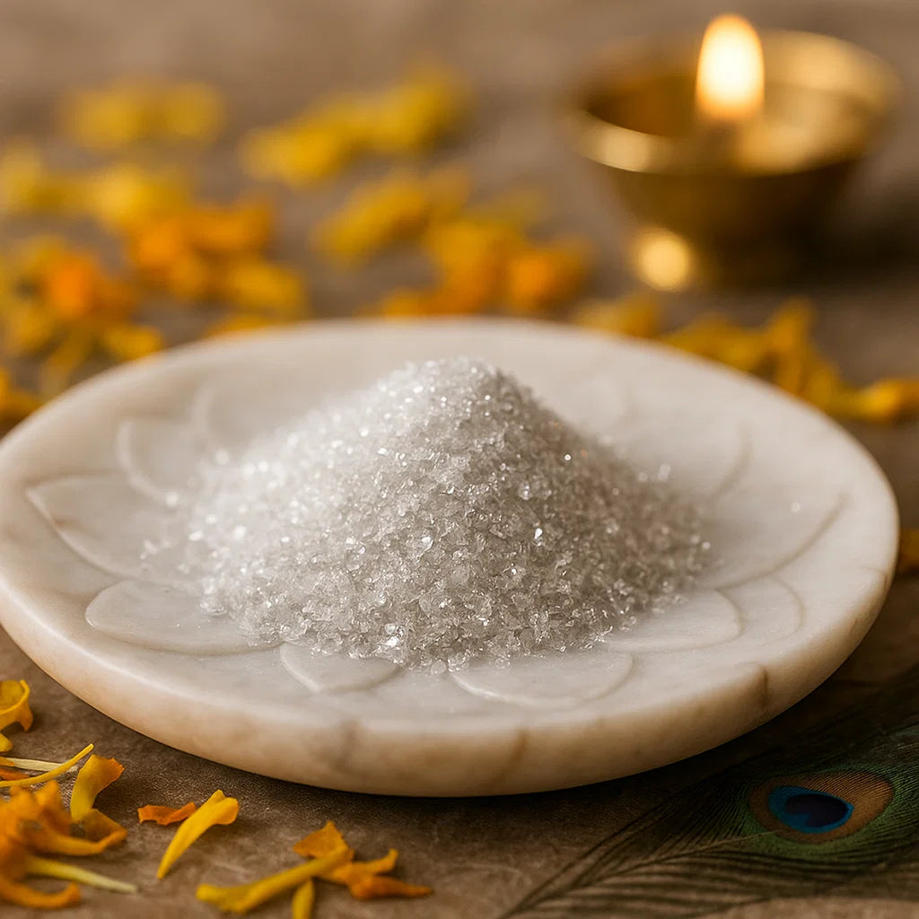Angled close view of sparkling white crystal powder on a decorated white plate