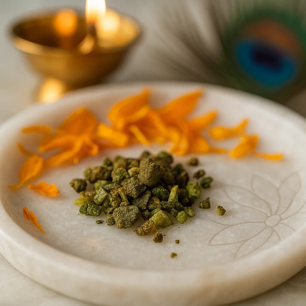 Close view of small rough green gemstone pieces on a decorated white plate