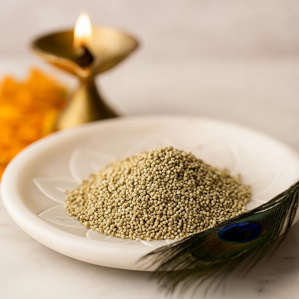 Energy-grade white sarso Vastu remedy seeds arranged in a styled spiritual setting