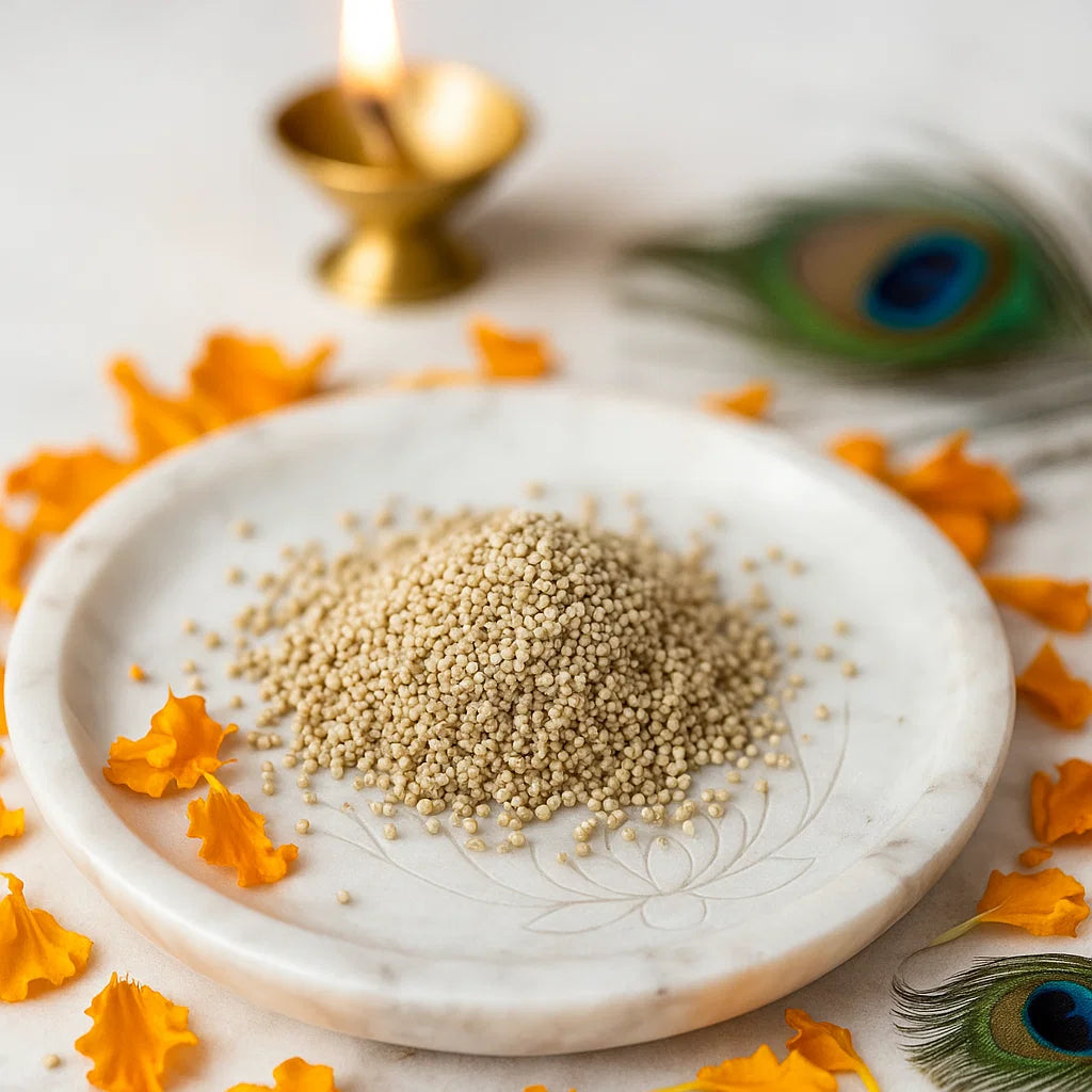 Energy-grade white sarso Vastu remedy seeds displayed in a softly lit product setting