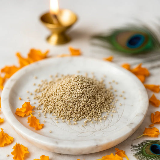 Energy-grade white sarso Vastu remedy seeds displayed in a softly lit product setting