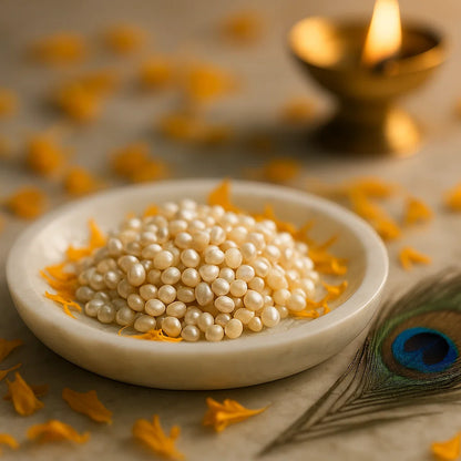 Angled view of glossy cream pearl beads in a small white bowl with traditional decor