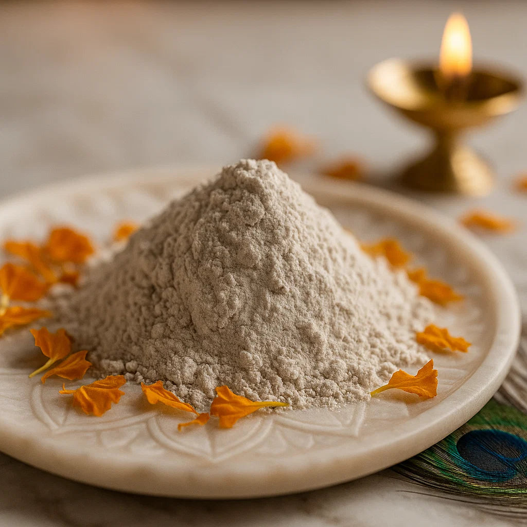 Angled close view of beige muscovite mica powder on a decorated white plate
