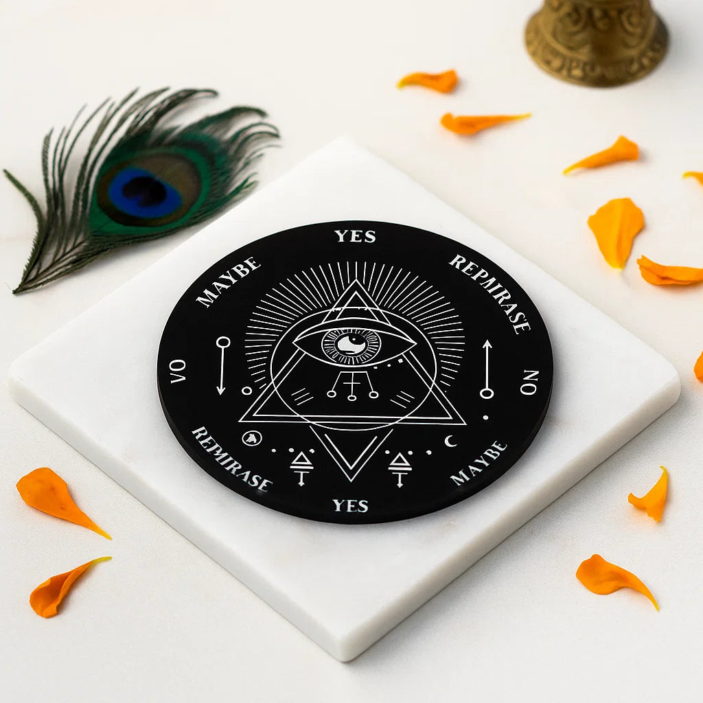 Evil Eye dowsing board displayed upright on a white marble pedestal