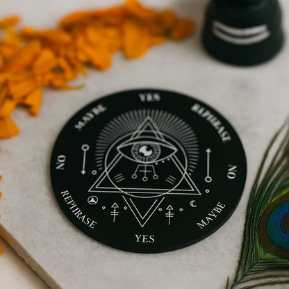 Angled Evil Eye pendulum board showing letters, zodiac signs and yes-no scale