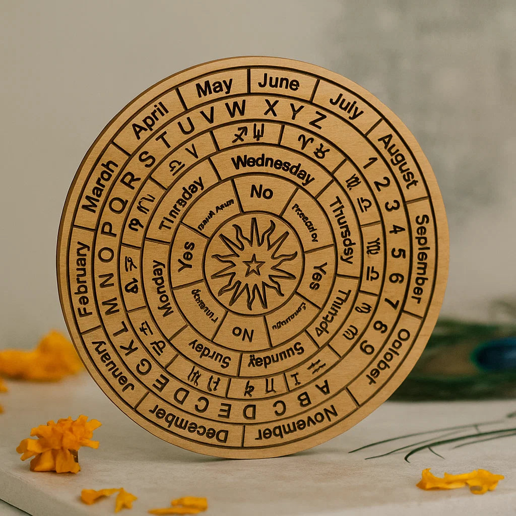 Dark brown astrological pendulum board in a close upright view