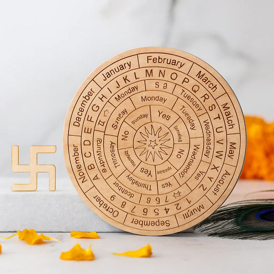 Brown astrological dowsing board displayed upright with zodiac and planetary markings