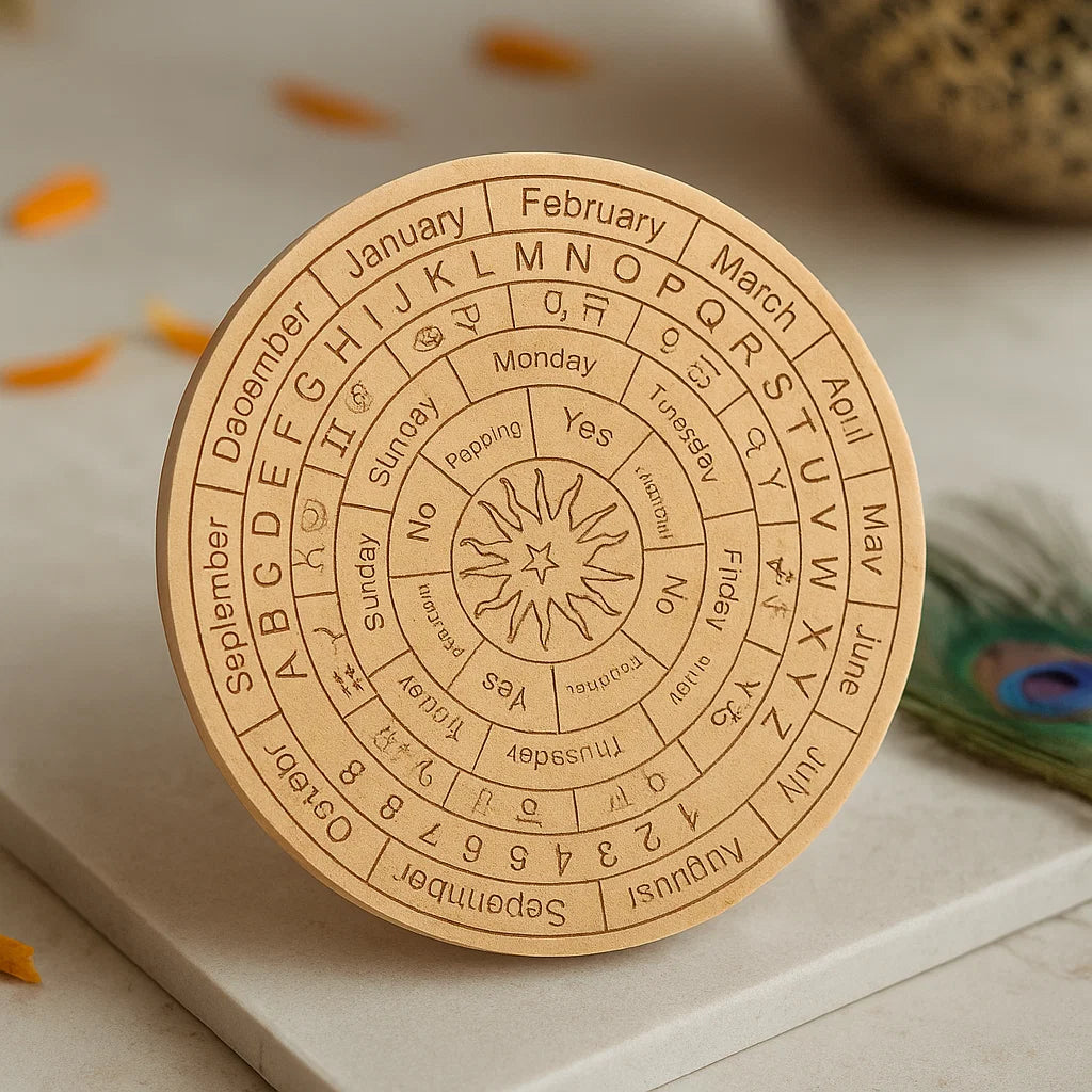 Brown astrological dowsing board standing on a white marble pedestal