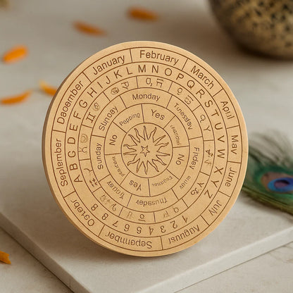 Brown astrological dowsing board standing on a white marble pedestal