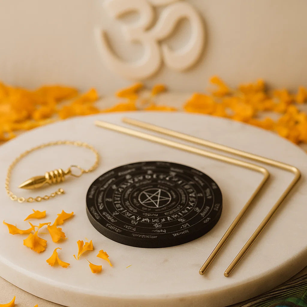Angled brass dowsing rod, board and pendulum set with marigold petals
