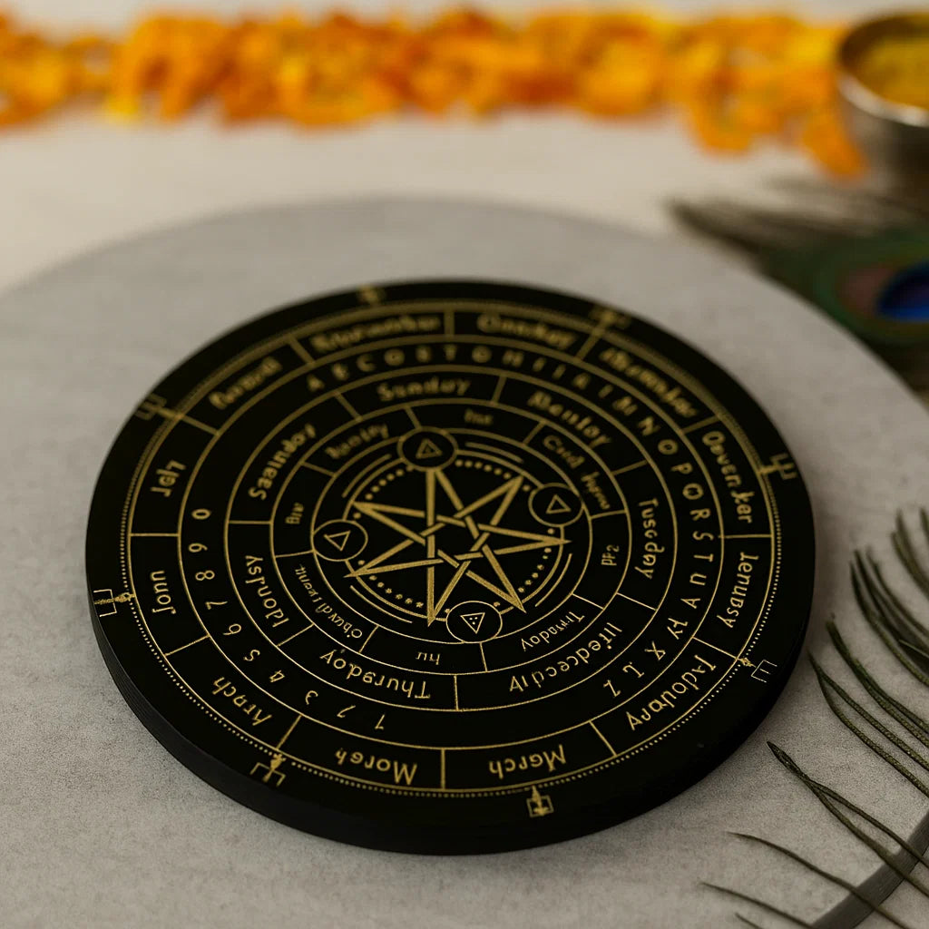 Angled Seven Star dowsing board showing alphabet, symbols and yes-no markings