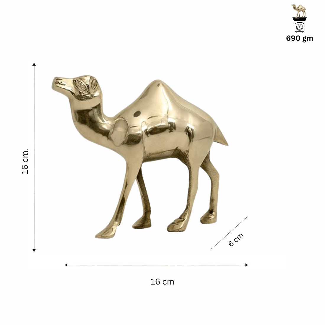 Plain-finish brass camel idol dimension diagram showing 16 cm height and body length