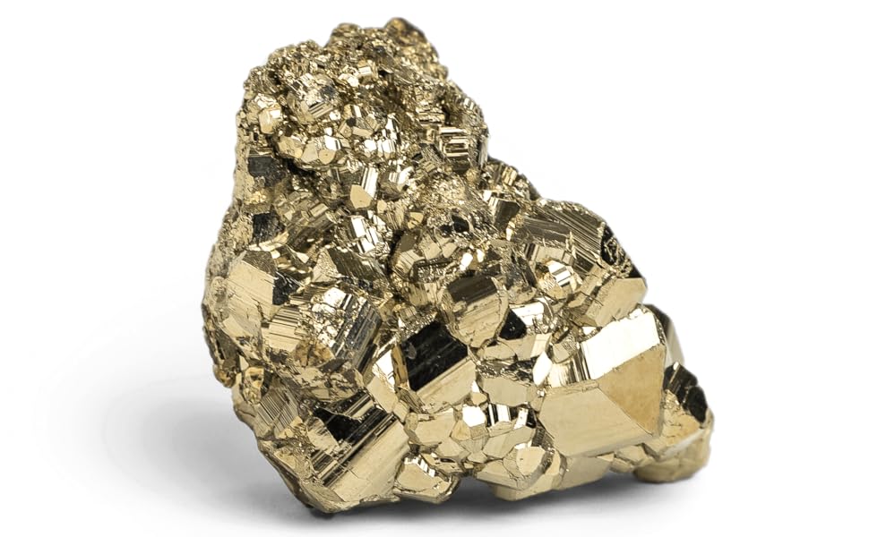 Single silver-gold metallic pyrite cluster isolated on a clean white background