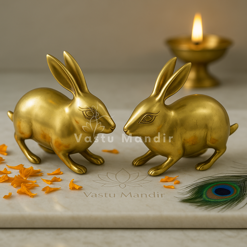 Pair of Golden Rabbit, 100% Pure Brass Statue Idol on a surface with a candle and peacock feather in the background, branded 'Vastu Mandir'.