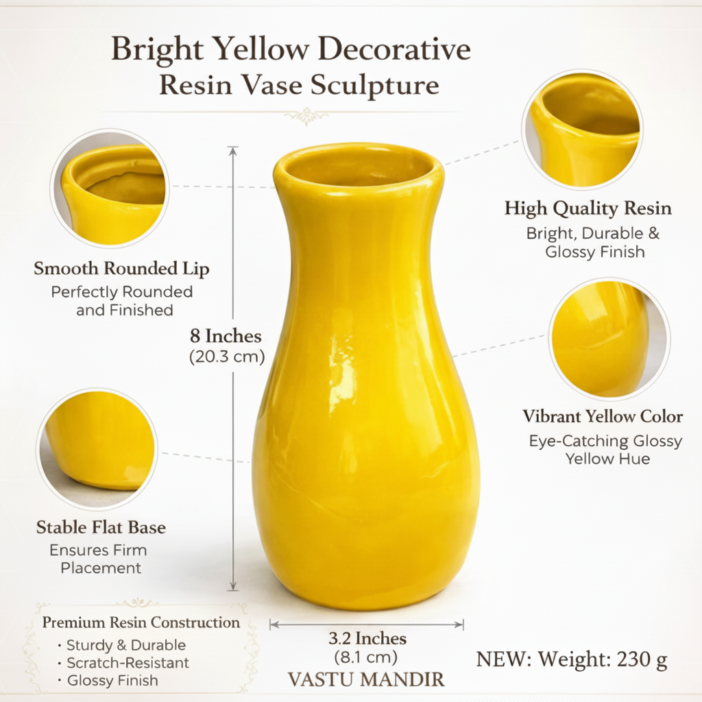 Small yellow resin vase infographic showing dimensions and product details
