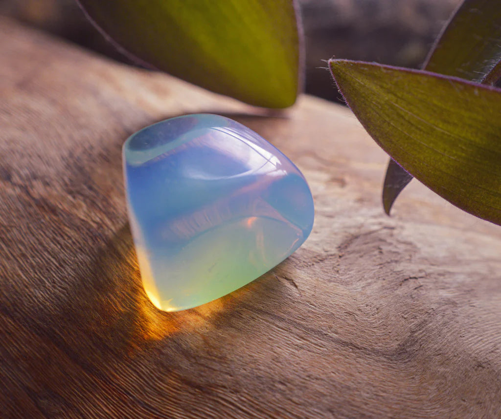 Hand holding several opalite tumbled stones outdoors to show natural colour, scale and texture