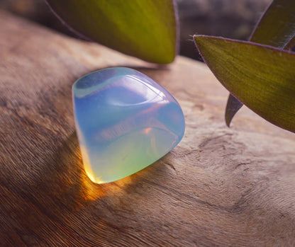 Hand holding several opalite tumbled stones outdoors to show natural colour, scale and texture