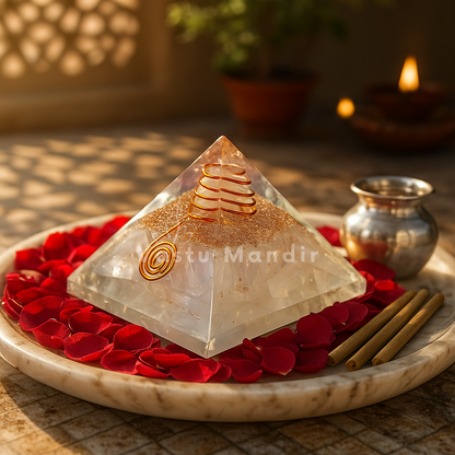 Natural Selenite Crystal Pyramid – front-left angled view showing two pyramid faces