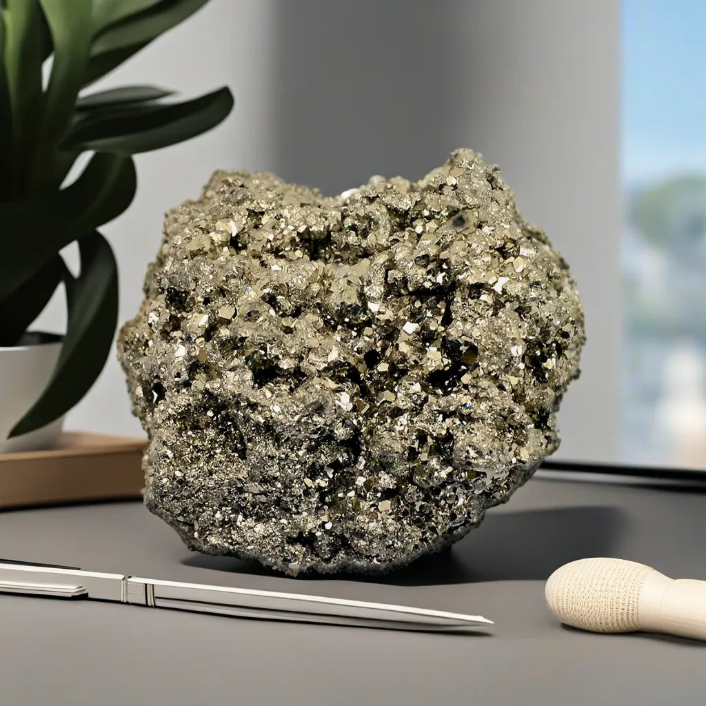 Silver-grey pyrite cluster displayed in a modern interior setting