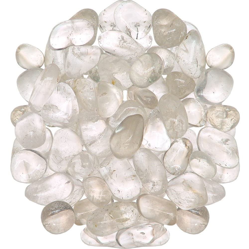 Pile of pale clear quartz stones showing mixed shapes and natural inclusions