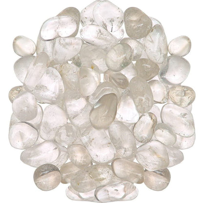 Pile of pale clear quartz stones showing mixed shapes and natural inclusions