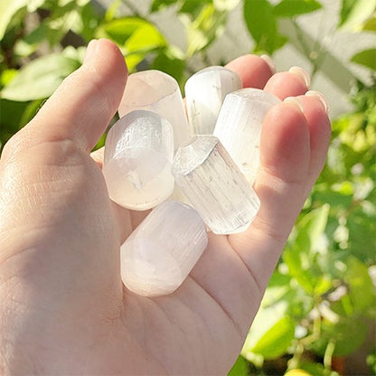 Hand holding several selenite healing stones outdoors to show natural colour, scale and texture