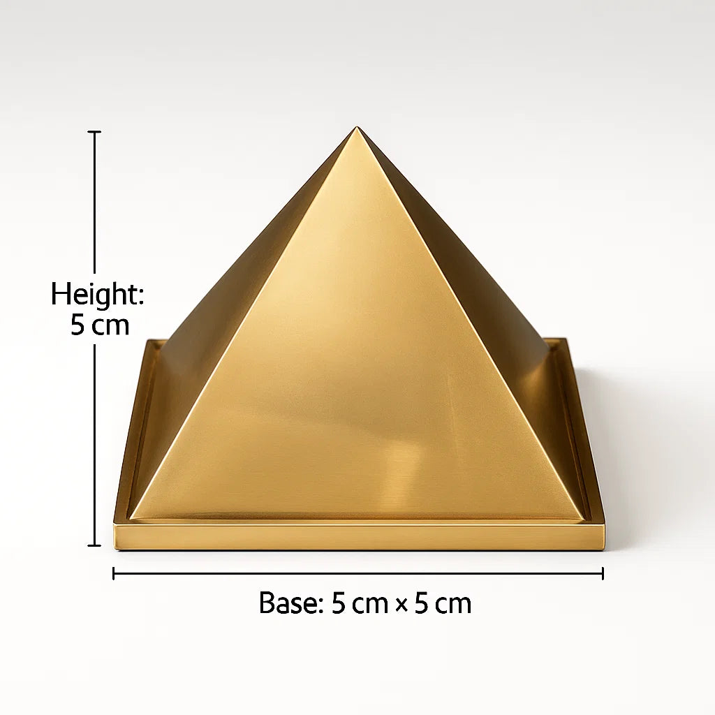 Brass Hollow pyramid with measurements on a white background