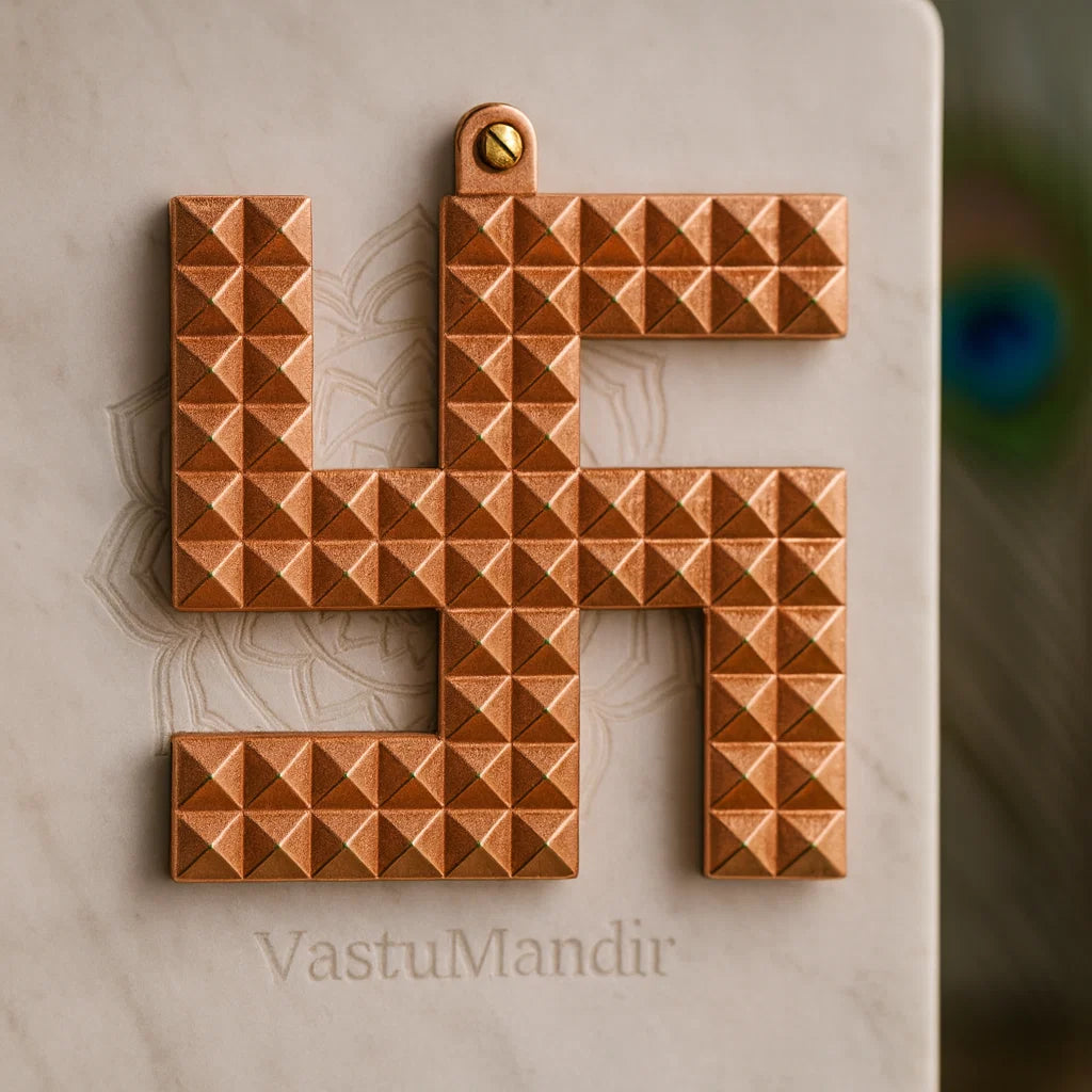 Angled view of the copper swastik pyramid showing its depth