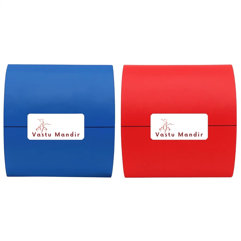 Blue and red Vastu colour tape rolls displayed together on white