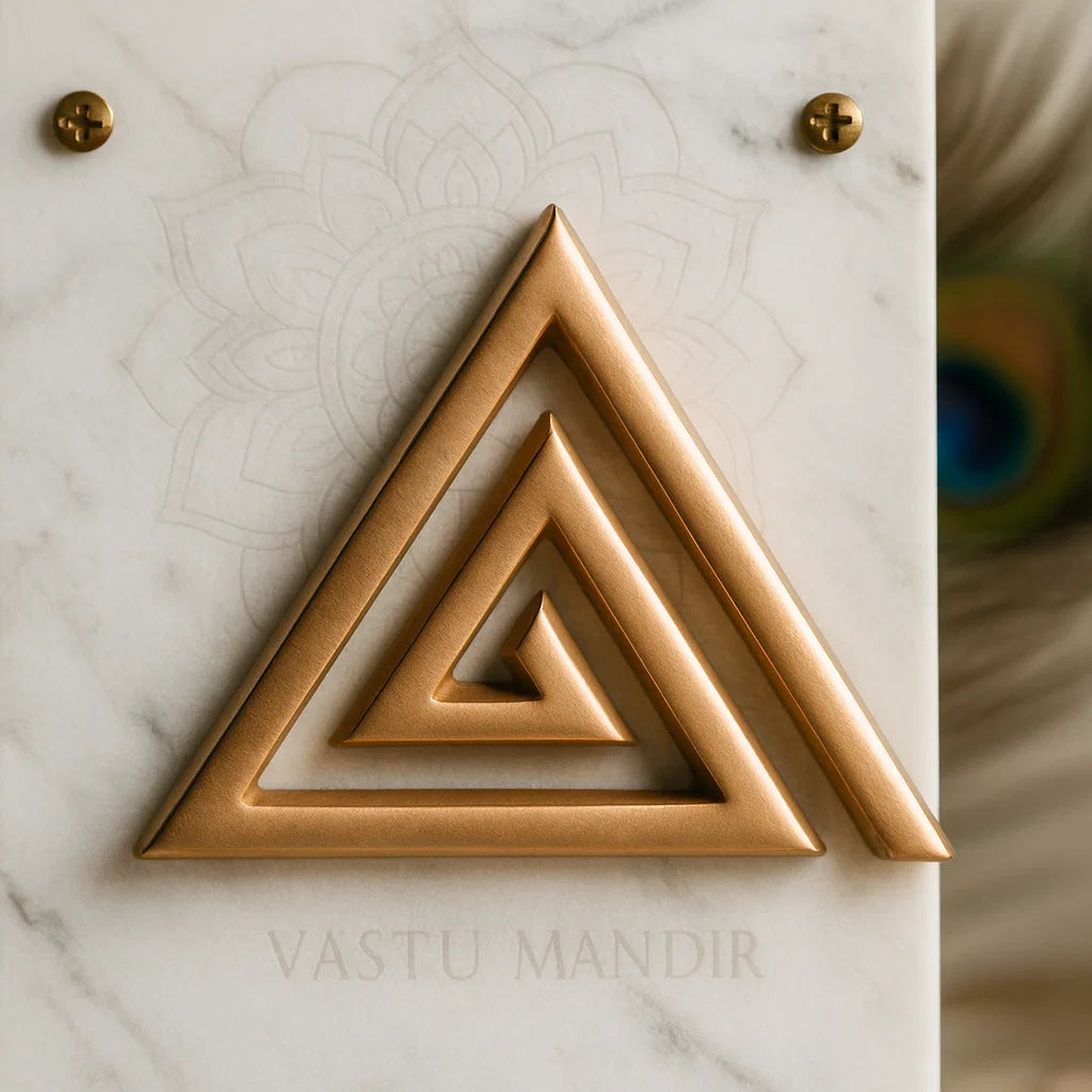 Copper triangle helix displayed upright on a marble plate