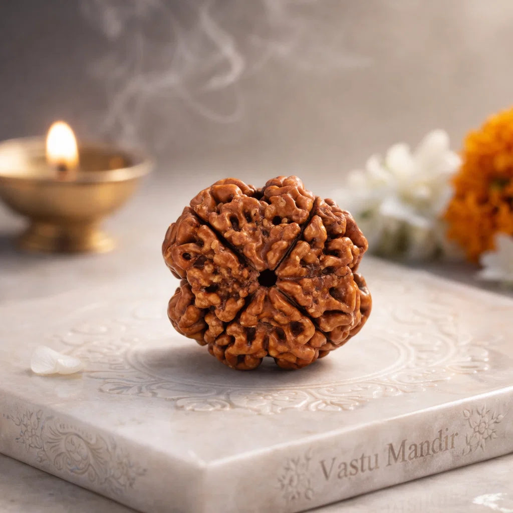 4 mukhi Rudraksha shown in a second styled sacred view