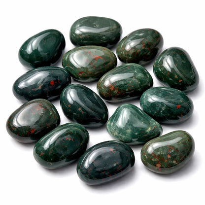 Natural bloodstone tumbled stones shown in a separate low-light product photograph