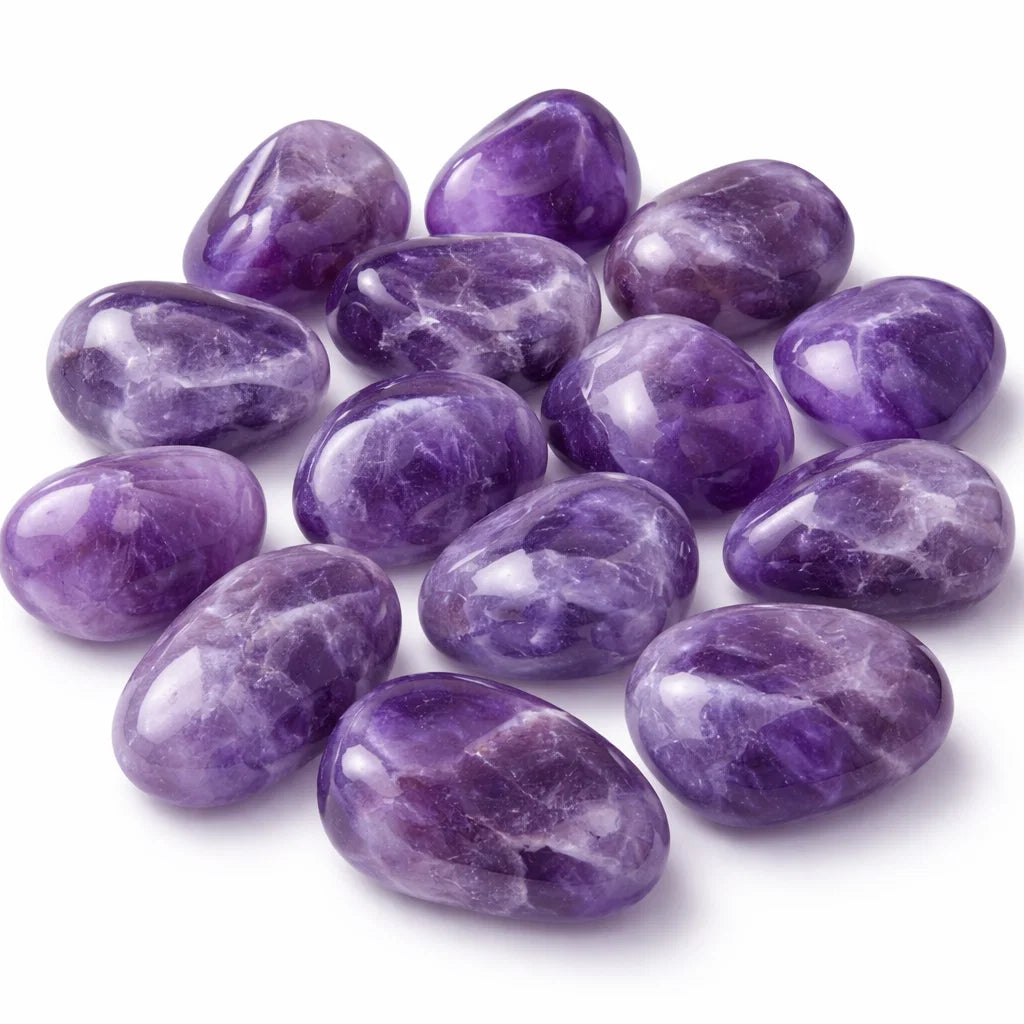 Polished purple amethyst stones grouped on a clean white background