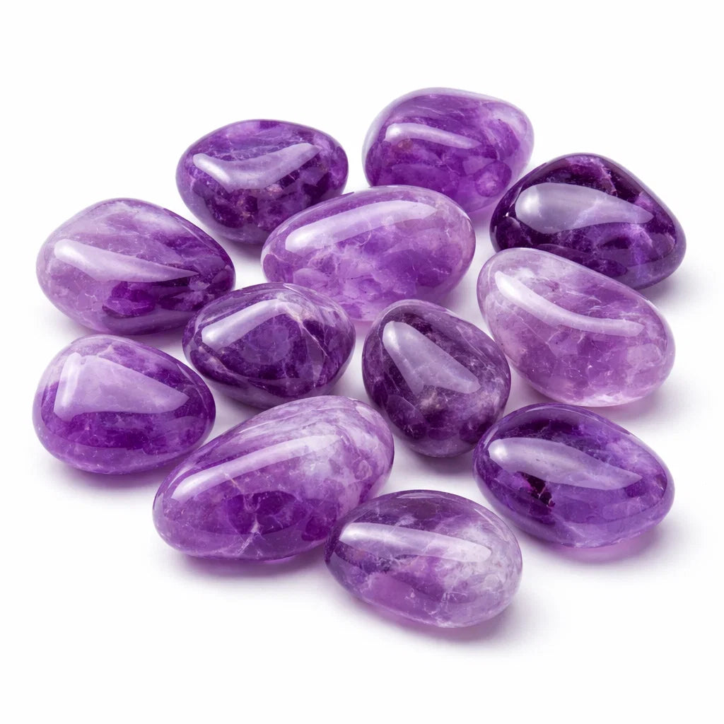 Larger polished amethyst stones grouped on a clean white background