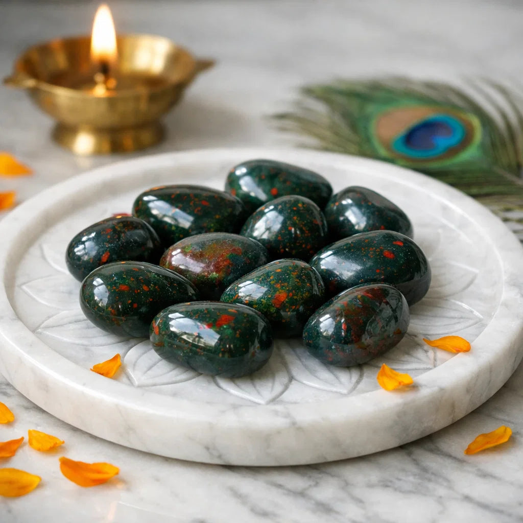 Natural bloodstone tumbled stones displayed in a softly lit product setting