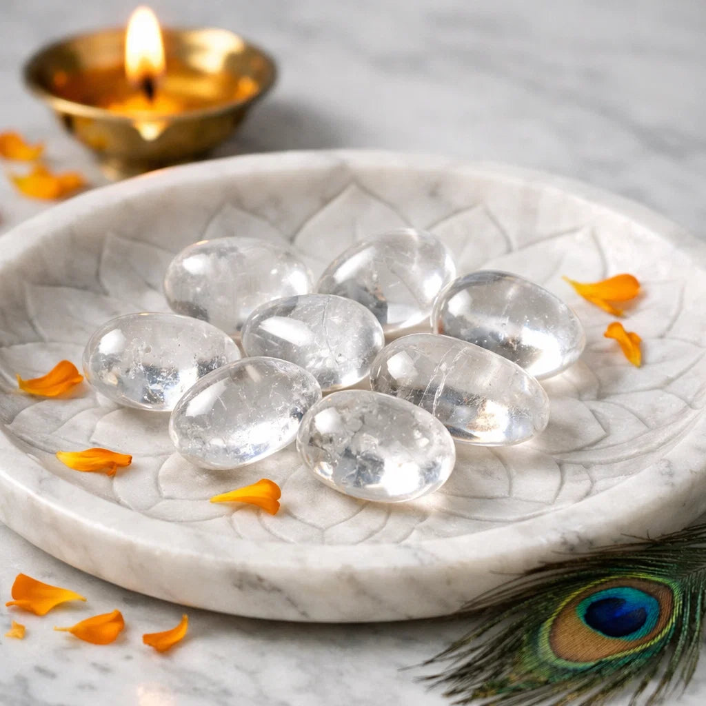 Close view of clear quartz tumbled stones on a decorative white plate in a softly lit traditional setting