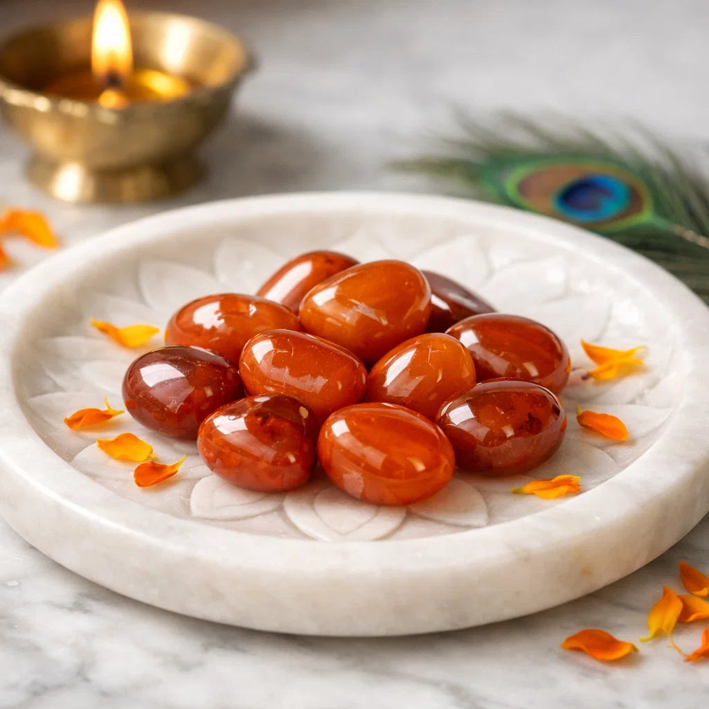 Close view of carnelian tumbled stones on a decorative white plate in a softly lit traditional setting
