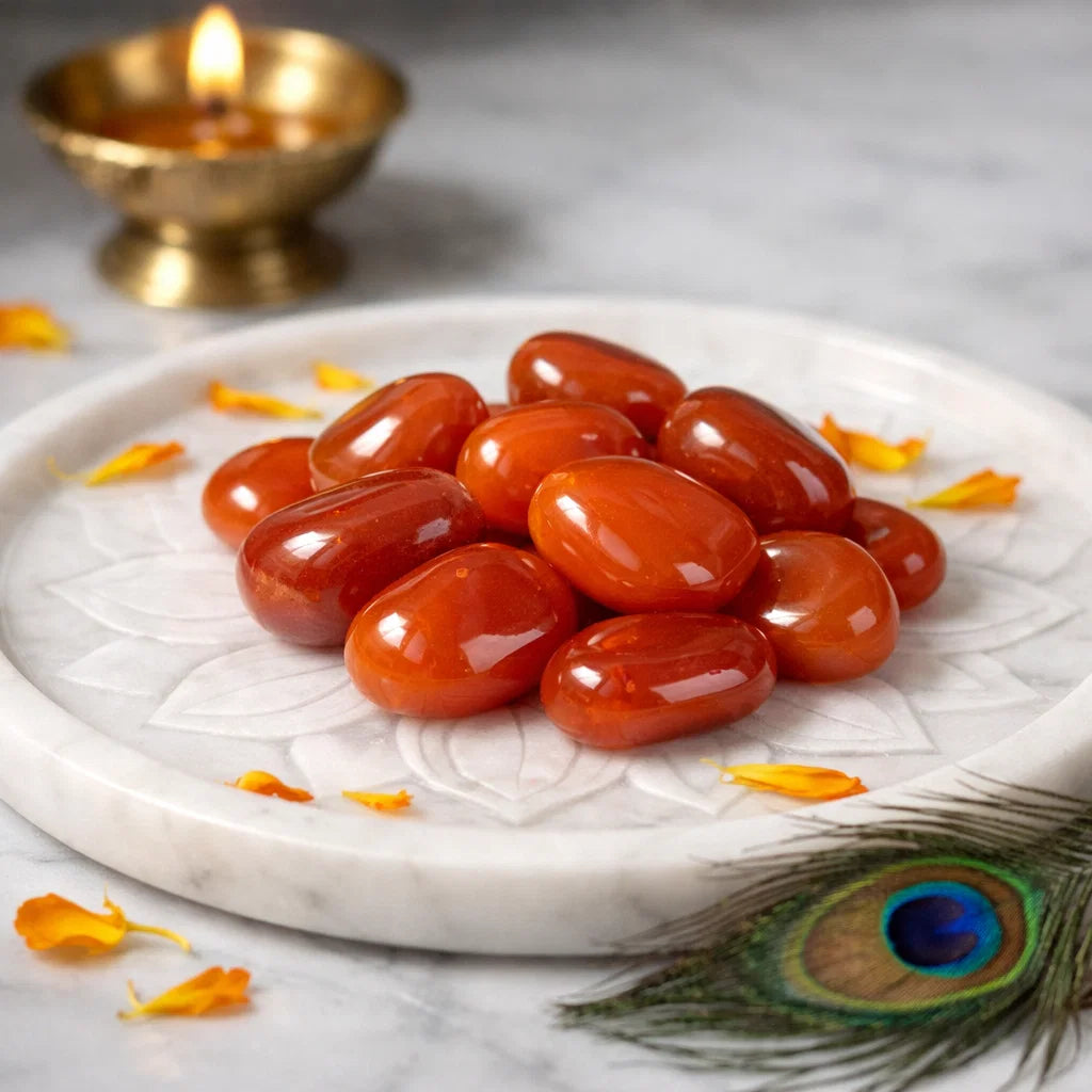 Carnelian tumbled stones arranged on a carved white plate with marigold petals and a softly lit diya
