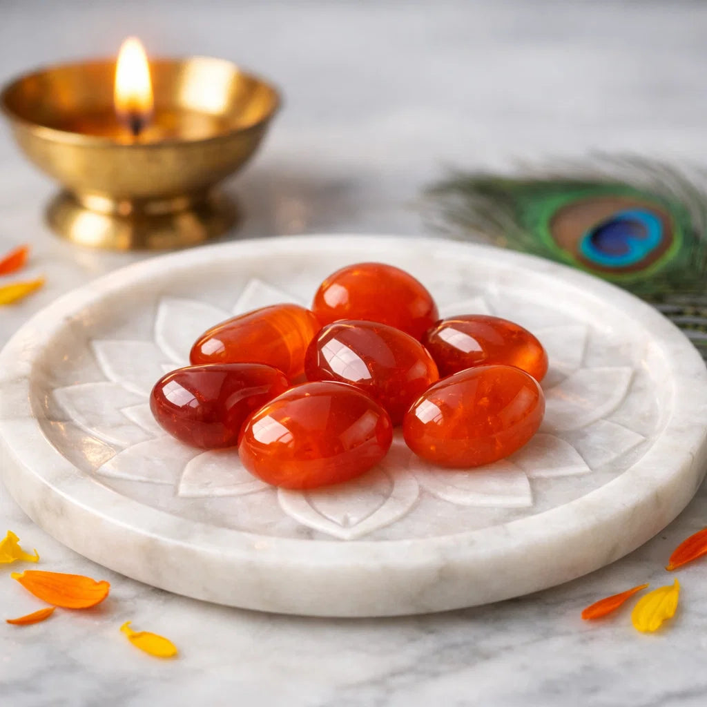 Angled close view of carnelian stones on a white plate with a peacock feather behind them