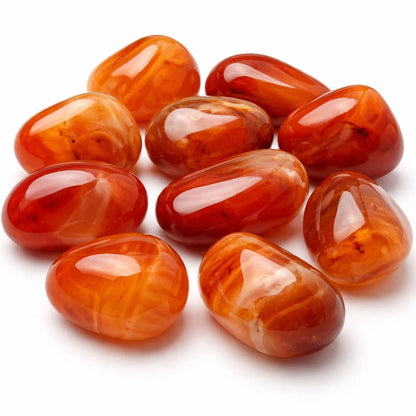 Group of carnelian tumbled stones isolated on a clean white background