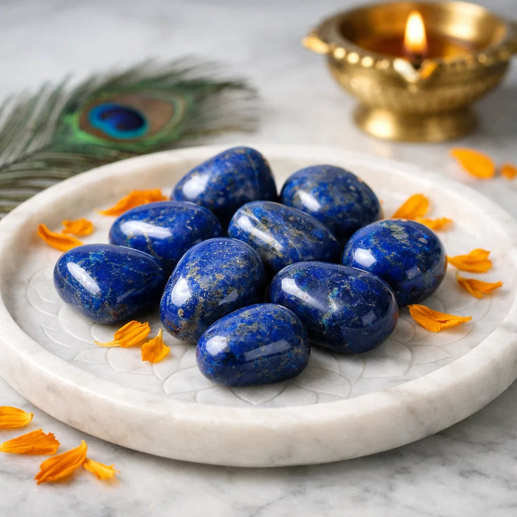Lapis lazuli stones arranged on a carved white plate with marigold petals and a softly lit diya