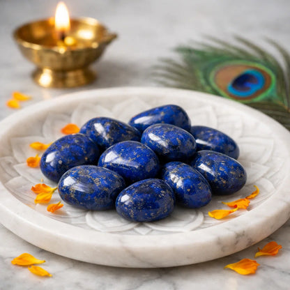 Angled view of lapis lazuli stones on a white plate with marigold petals and a peacock feather