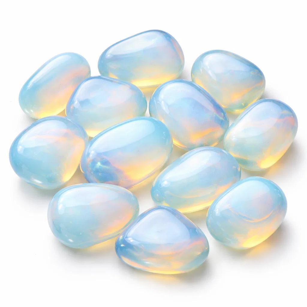 Spread of translucent opalite stones isolated on a clean white background