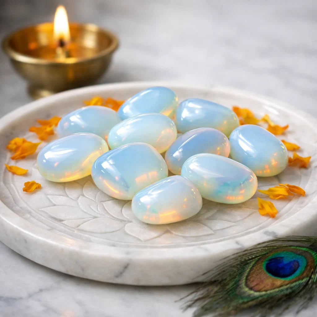 Angled view of opalite tumbled stones on a white plate with marigold petals and a peacock feather