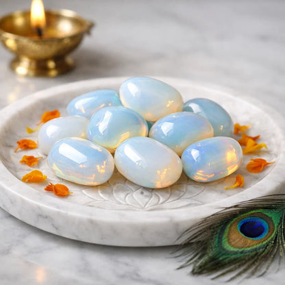 Close view of opalite tumbled stones on a decorative white plate in a softly lit traditional setting